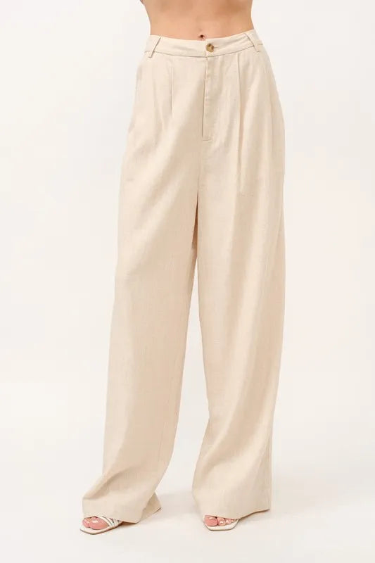 High-Rise Linen Blended Pants