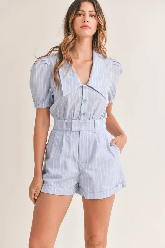 Striped Puff Sleeve Collared Neck Romper Set