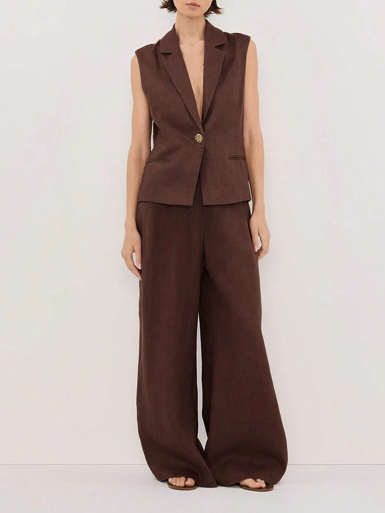 Sleeveless Blazer and Wide Leg Pants Set