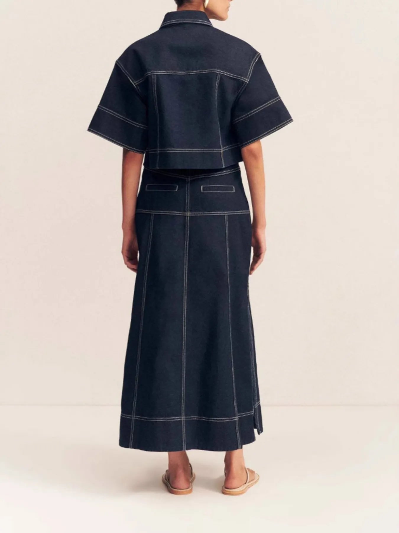 High-Waist Stitch Denim Maxi Skirt