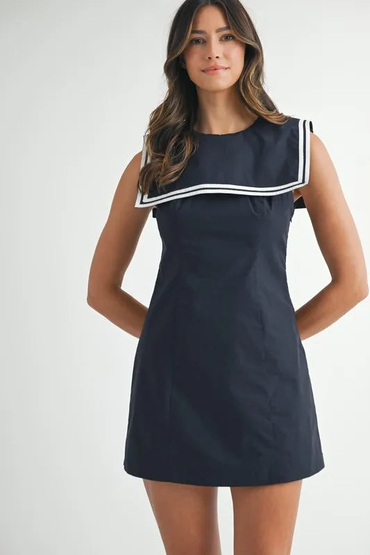 Piping Square Sailor Collar Mini Dress