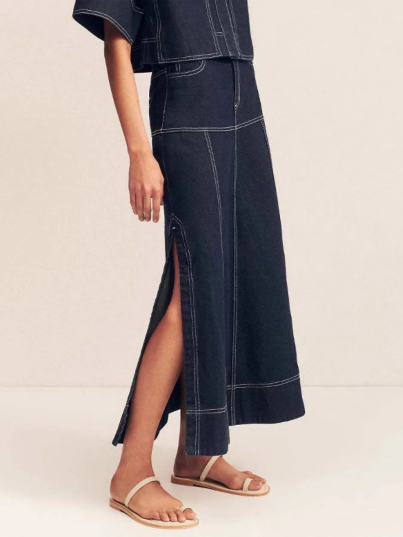 High-Waist Stitch Denim Maxi Skirt