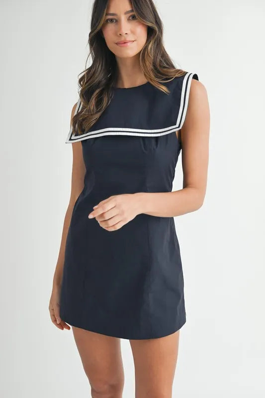 Piping Square Sailor Collar Mini Dress