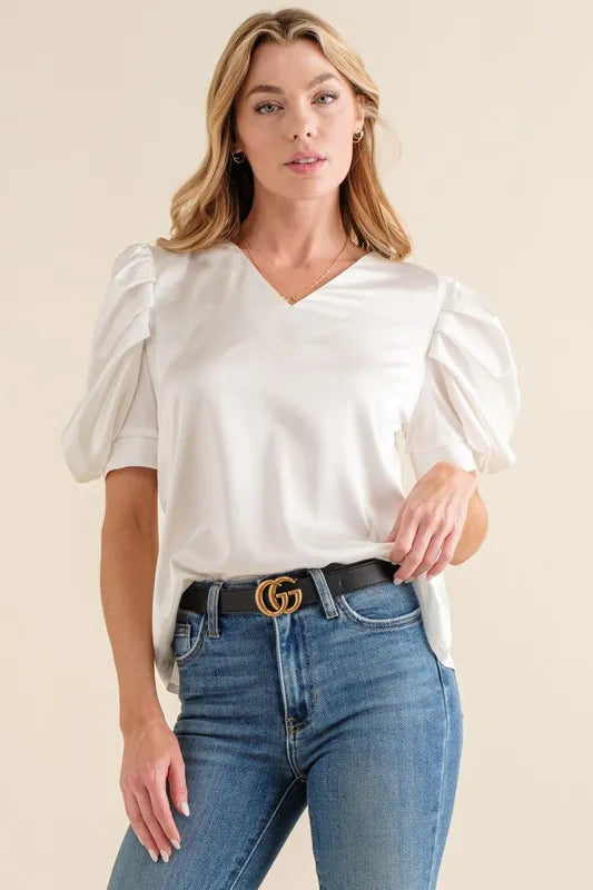 Satin Puff Shirring Blouse Top