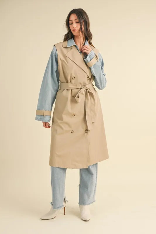 Layered Trench Coat With Denim Jacket
