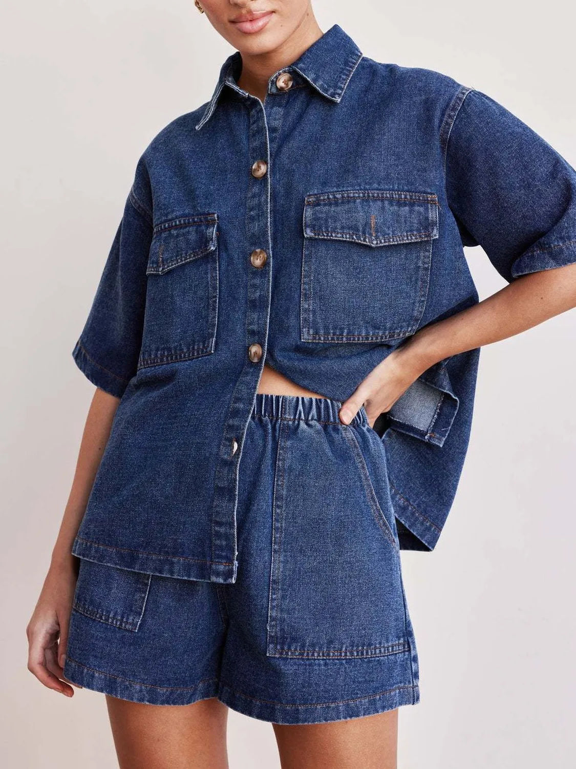 Short Sleeve Top and Shorts Denim Set