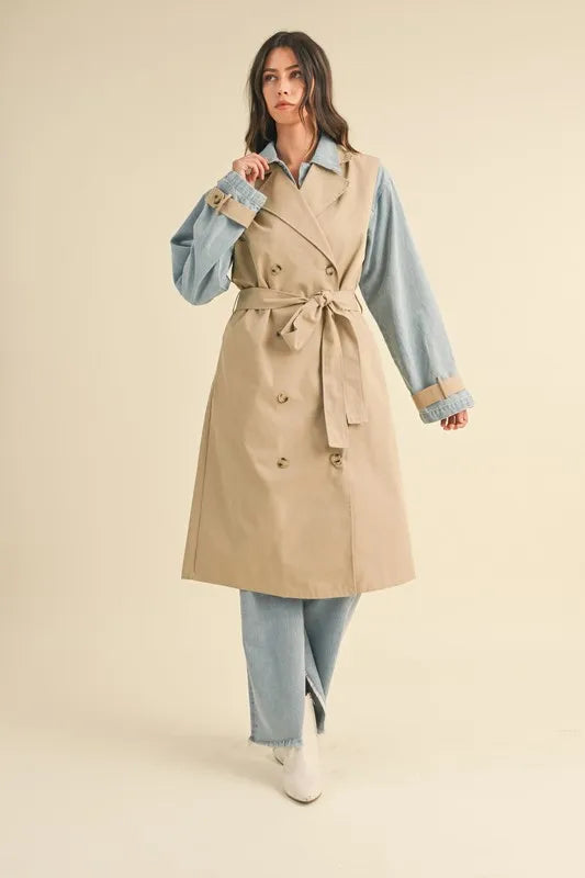 Layered Trench Coat With Denim Jacket