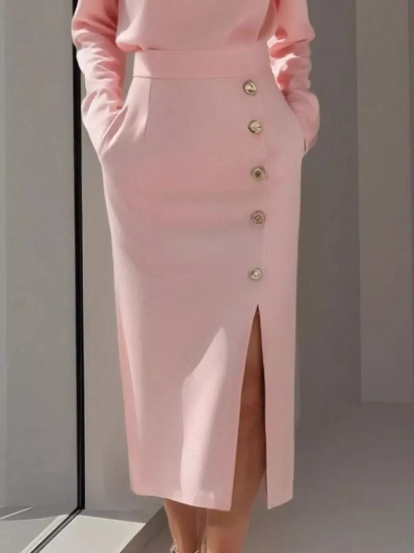 Long Sleeve Button Detail Midi Dress