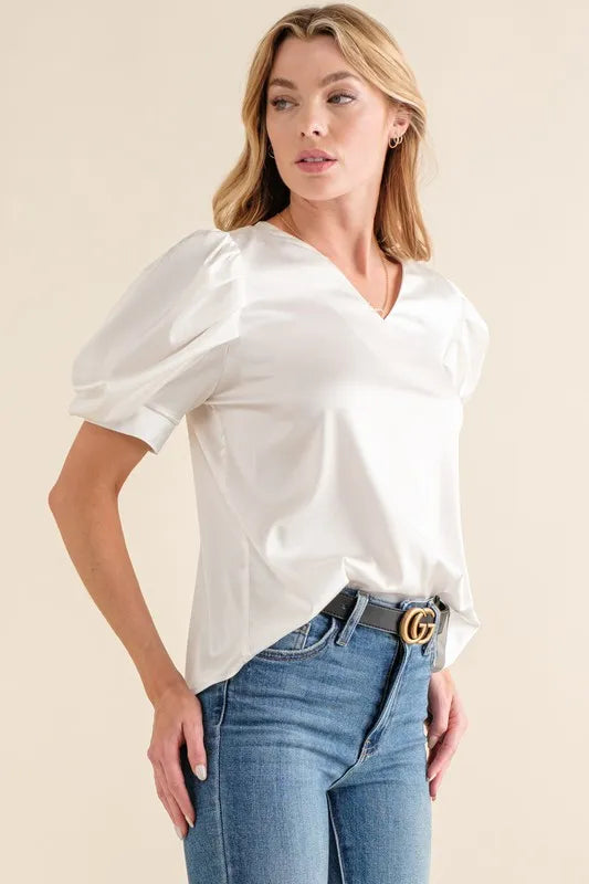 Satin Puff Shirring Blouse Top